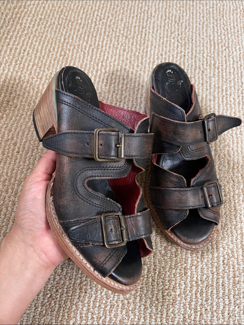freebird  caprise Distressed Black Leather Buckle Heel Sandals